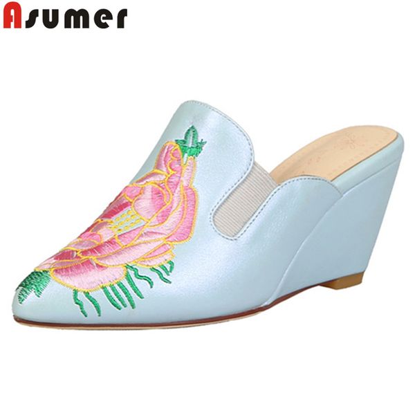 

asumer 2019 new shoes woman pointed toe shallow pumps women shoes embroider wedges women high heels big size 34-43, Black;white
