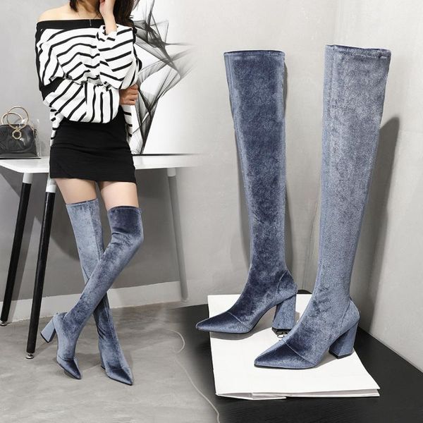 

2019 winter women over the knee boots gray velvet stretch fabric thigh high woman shoes square toe high heels long boots, Black