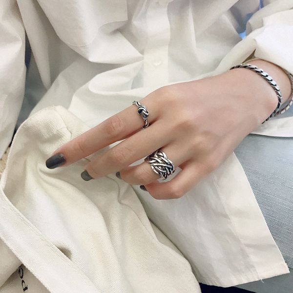 

silvology 925 sterling silver weave twine wide rings temperament industry style korea rings for women retro jewelry, Golden;silver