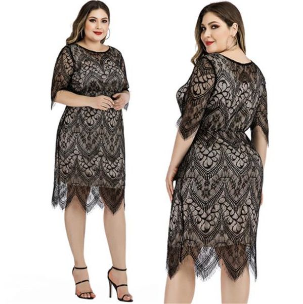 

plus size lace womens dresses casual slim half sleeved crew neck dresses fashion women designer dresses, Black;gray