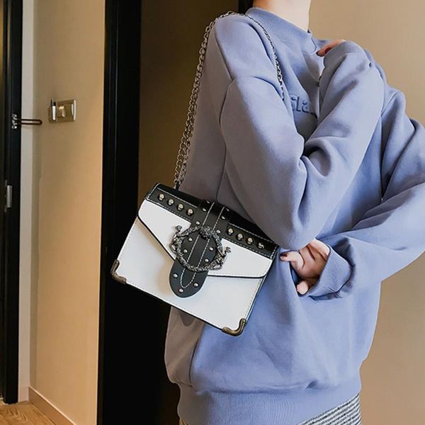 

luxury women's punk rivet shoulder bag ladies pu crossbody girl fashion shoulder bag small chain messenger bags square package