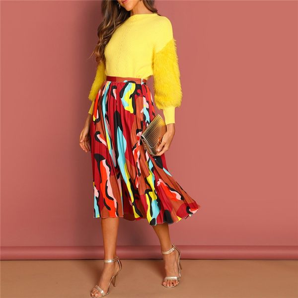 

designer women skirts multicolor graphic print pleated high waist straight long skirt women autumn 2019 plaid weekend casual shift skirts, Black
