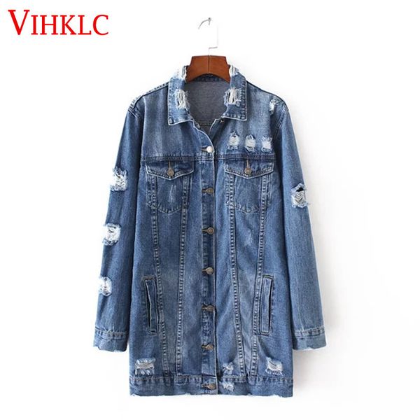 

2017 denim jackets women hole boyfriend style long sleeve vintage jean jacket denim loose spring autumn coat jean a522, Black;brown