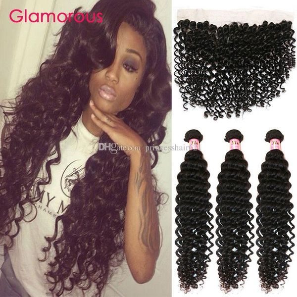 

Glamorou virgin human hair ear to ear lace frontal brazilian peruvian malay ian indian deep wave curly hair with lace frontal 4pc lot