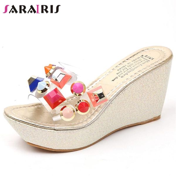 

sarairis super high wedges slippers women comfy platform slides ladies new ins fashion colorful rhinestone shoes, Black