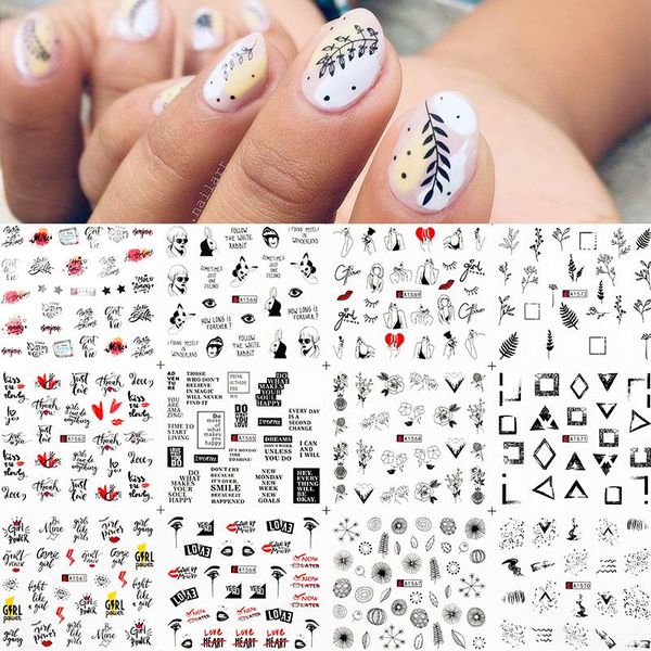 

12pcs russian letters nail stickers summer fruit water decals girl transfer slider nail art tattoo manicures foil wraps, Black