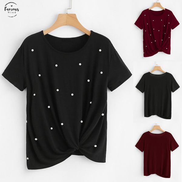 

t shirt women short sleeve o neck pearl embellished tee tie t shirt casual female t shirts woman shirt, White