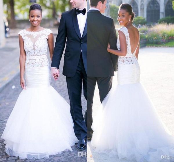 

african mermaid wedding dresses scoop neck lace applique floor length tiered tulle see through vestido re novia wedding dress bridal gowns, White