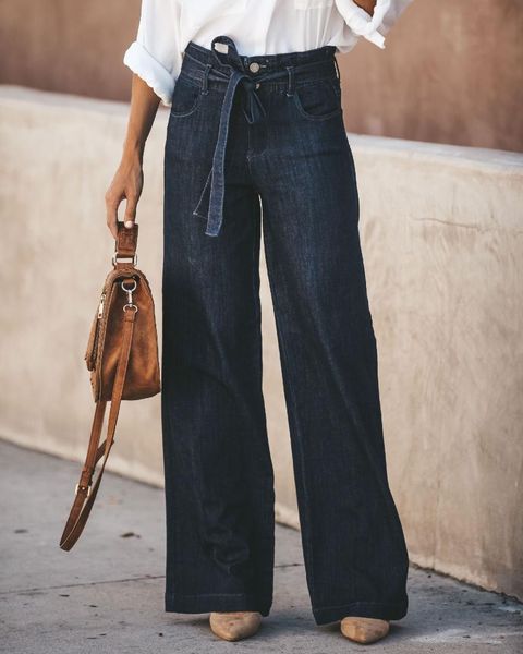 

fashion loose high waisted denim wide leg jeans womens solid office lady jeans bulift trousers, Blue