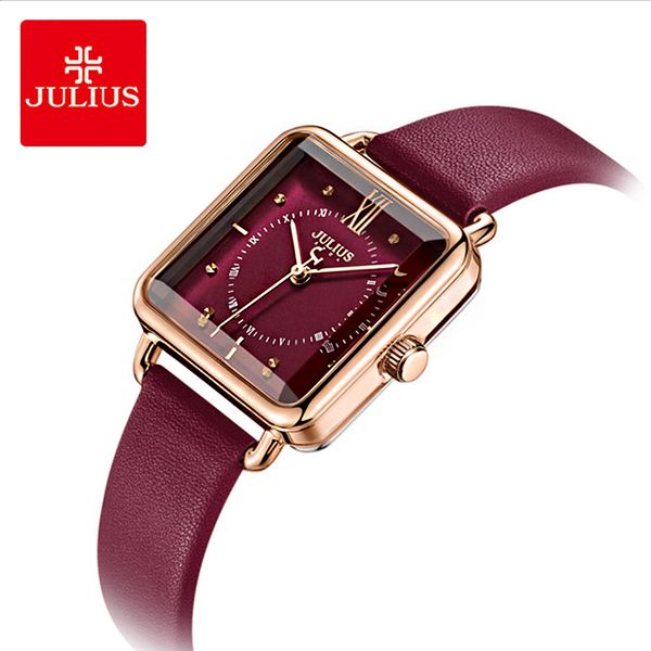 

julius brand lady retro red square leather watch woman casual waterproof quartz dress wristwatches clock montre femme gift, Slivery;brown