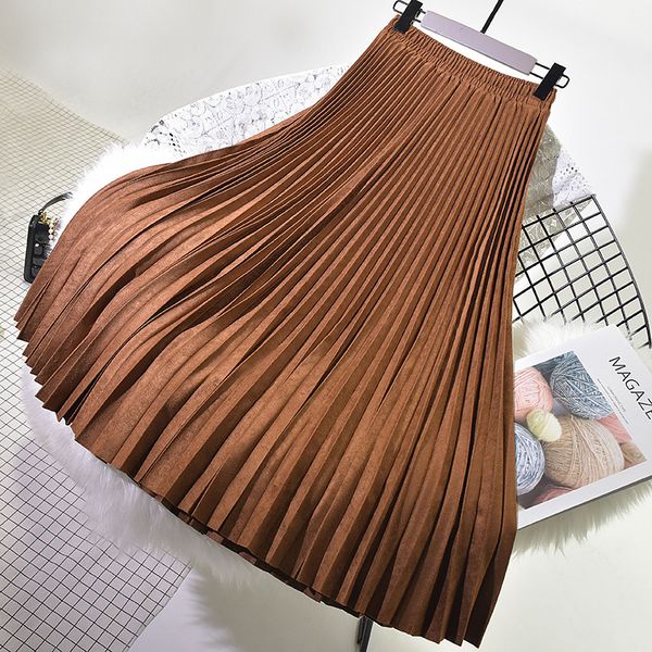 

2019 two layer women suede skirt pink high waist long pleated skirts women saias midi faldas vintage midi skirt, Black