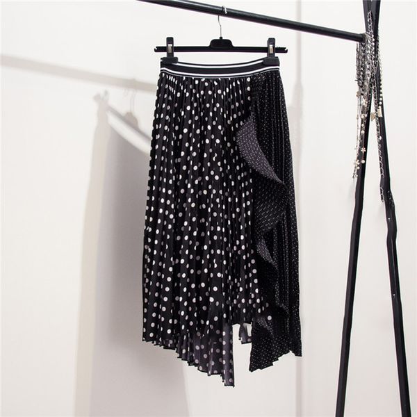 

2018 new autumn casual dot asymmetrical hem ruffles empire waist spliced mid-calf skirt fashion tide women r863, Black