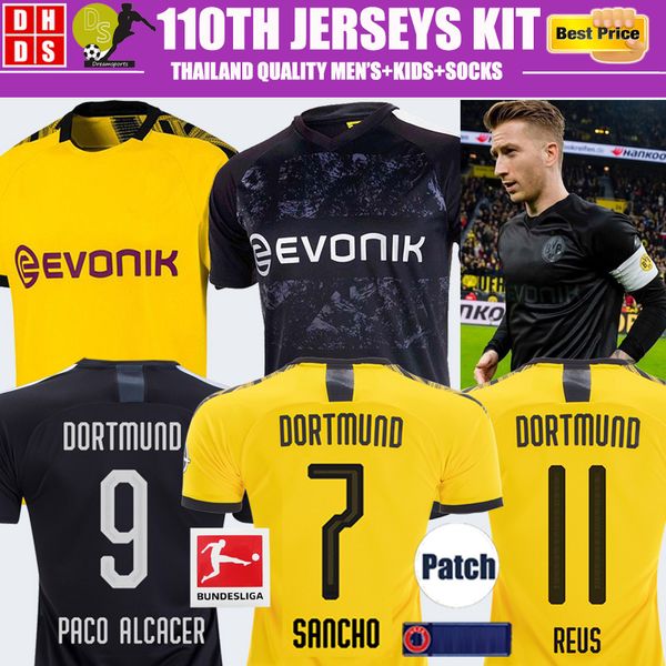 

thai bvb borussia dortmund 110th soccer jersey 19 20 gotze reus pulisic witsel jersey paco alcacer football shirt men kids kit sets socks, Black;yellow