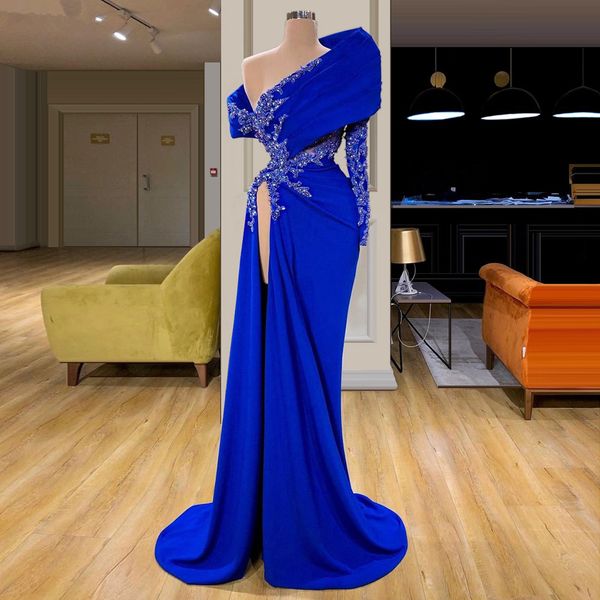 

2020 royal blue one shoulder split prom dress long arabic lace robe de soiree turkish abiye beaded formal party evening gowns, Black