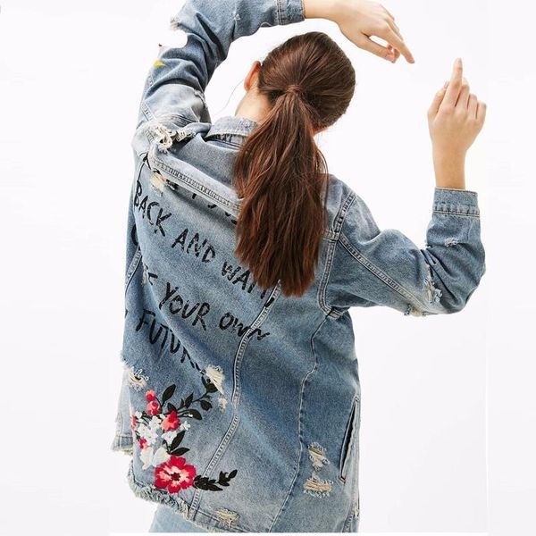 

floral embroidery jacket coat spring long ripped denim jacket women plus size jeans jacket women fit 3xl, Black;brown