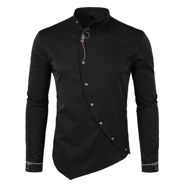 

men's casual shirts mens hipster long sleeve embroidery shirt personality oblique button irregular dress men tuxedo, White;black
