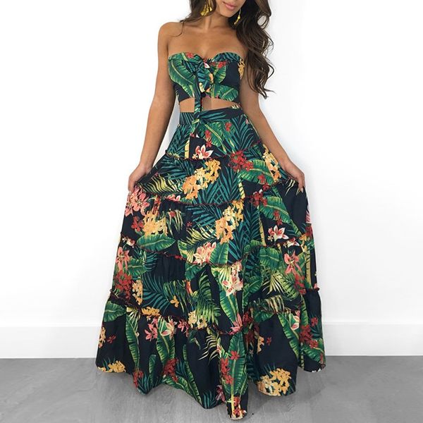 

2018 summer new fashion women strapless two pieces dress suit set tropical print tube maxi skirt set, Gray