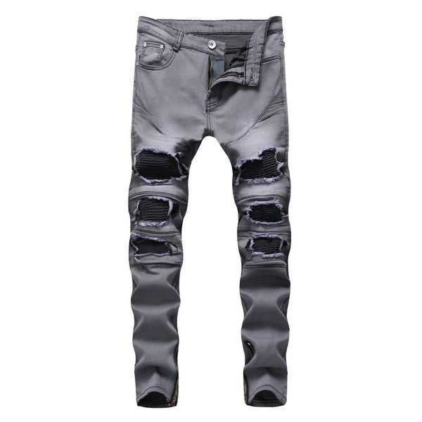 

motocycle jeans trousers men spliced denim jeans casual jean homme, Blue
