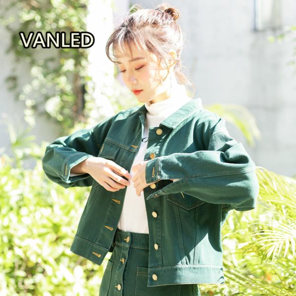 

denim loose short woman jacket 2019 spring new korean long sleeve pocket green single breasted coat, Black;brown