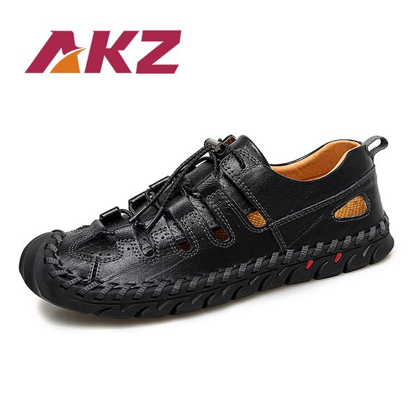 

akz men's sandals genuine leather summer men shoes breathable comfortable light beach sandals male flats outdoor walking shoes, Black