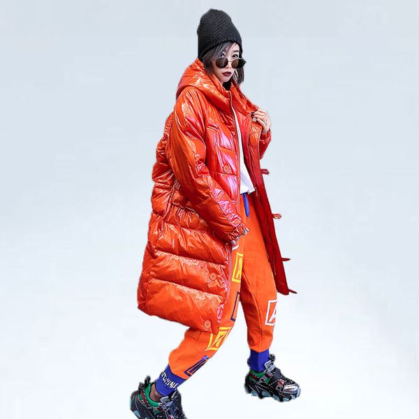 

winter long coat women down cotton jacket glossy warm parka hooded thicker vintage coat female full sleeve streetwear outwear, Black