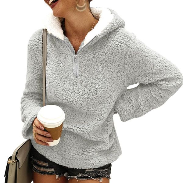 

women's hoodies & sweatshirts fashion with pocket loose long sleeve autumn winter soft outwear solid warm ladies zipper up high collar, Black