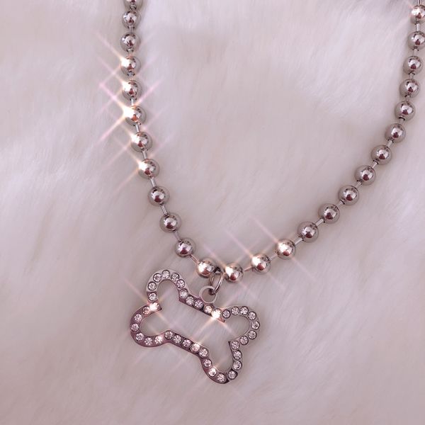 

100% stainless steel bone choker for women rhinestone dog bone charm metal ball chain necklaces igirl necklace collares mujer, Silver
