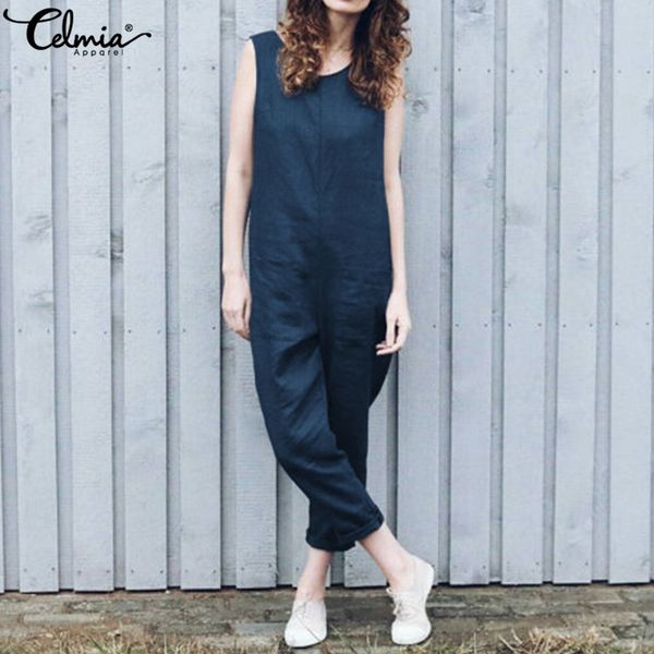 

celmia плюс размер комбинезон 2019 лето женщины rompers хлопок карманы длинные брюки ретро без рукавов dungaree повседневная свободные комби, Black;white