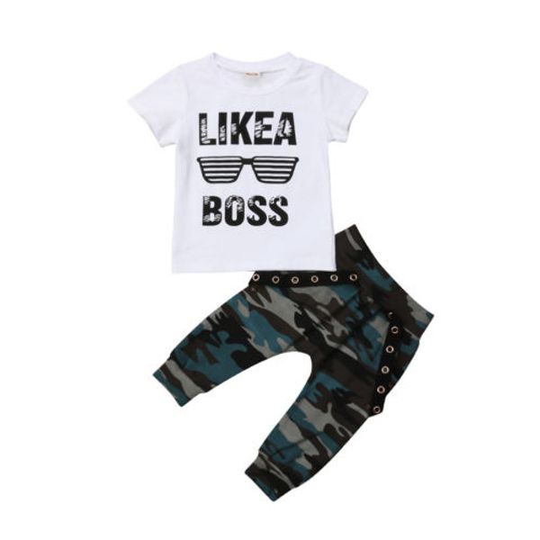 

0-3y toddler baby boys hip hop t-shirt camo pants outfits set clothes, White