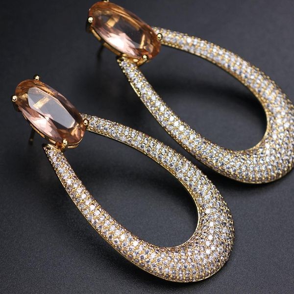

fashion luxury 3a cubic zirconia pave big ellipse stud earrings for women crystal glass stone gold color large earrings jewelry j190718, Golden;silver