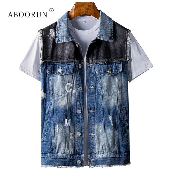 

aboorun men's skinny ripped denim vest printed patchwork waistcoat youth fashion sleeveless jackets, Black;white