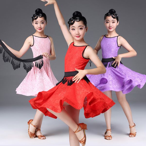 

girls latin dance dress latin dance competition costume kids professional practice lace sleeveless clothes dql1019, Black;red