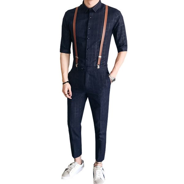 

2pcs plaid men set pantaloni tuta uomo summer shirt and pant dress men set slim fit korean fashoin suit 2018, Gray