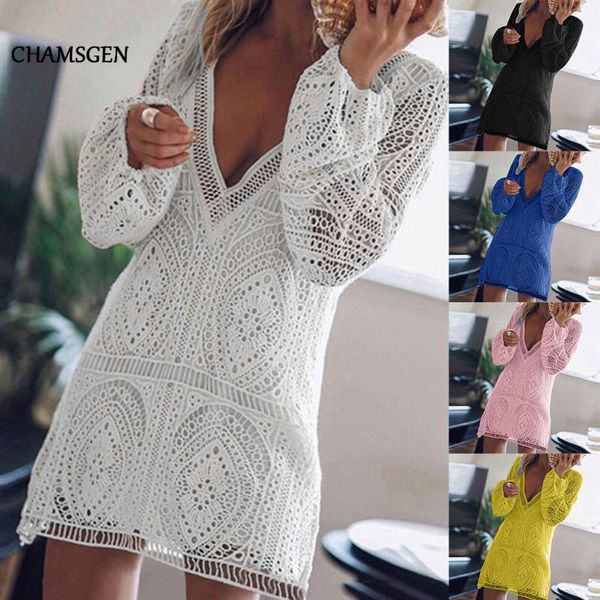 

chamsgen women casual v-neck long sleeve slim beach backless dress female loose three-dimensional lace short dress vestidos f519, Black;gray