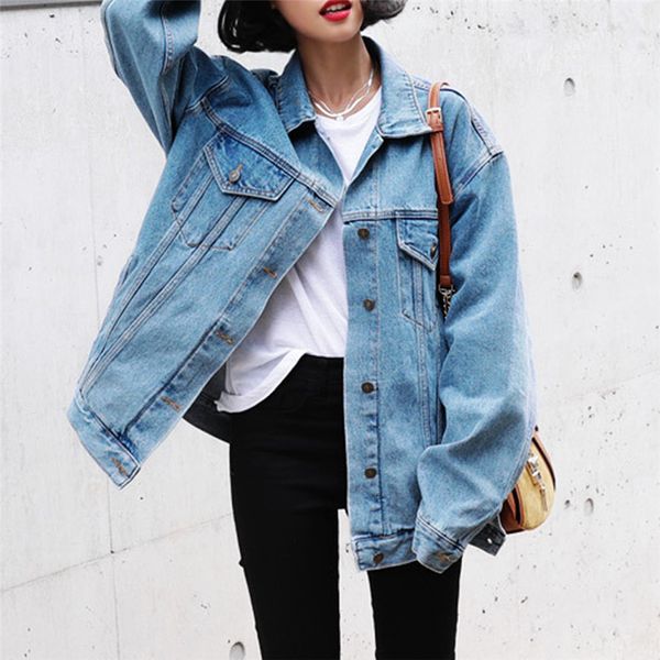 

denim feminine women loose long sleeve jeans coat retro cowboy denim loose casual jacket pockets casual long sleeves coats, Black;brown
