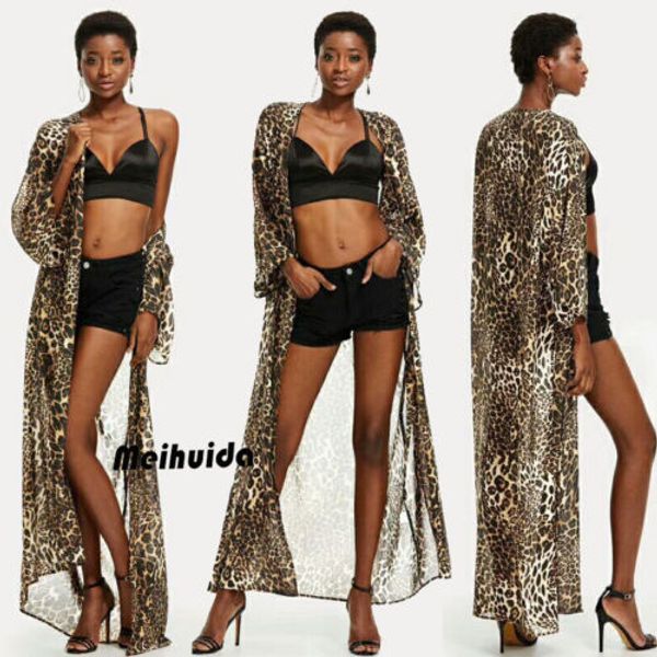 

women chiffon kimono blouse coat boho floral cardigan jacket beach cover up top, Black;brown
