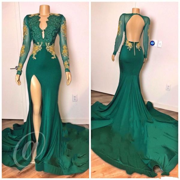 

dark green mermaid evening dresses side split long sleeves gold lace appliques beaded deep v neck backless prom dress robe de soiree, Black;red