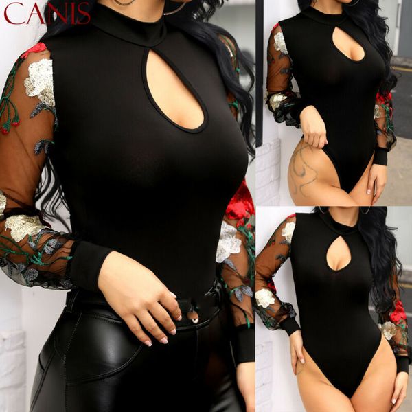 

2019 black bodysuit women see sheer slim bodysuit leotard mesh long sleeve playsuit jumpsuit new hot, Black;white