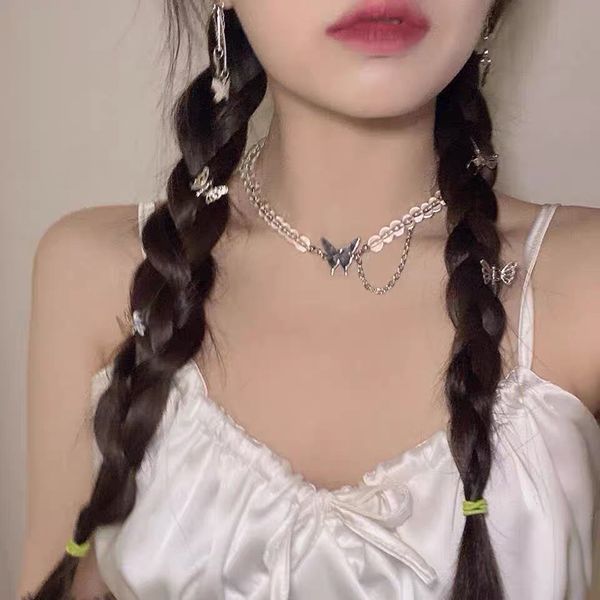 

butterfly transparent round bead punk style clavicle chain simple asymmetric necklace, Silver