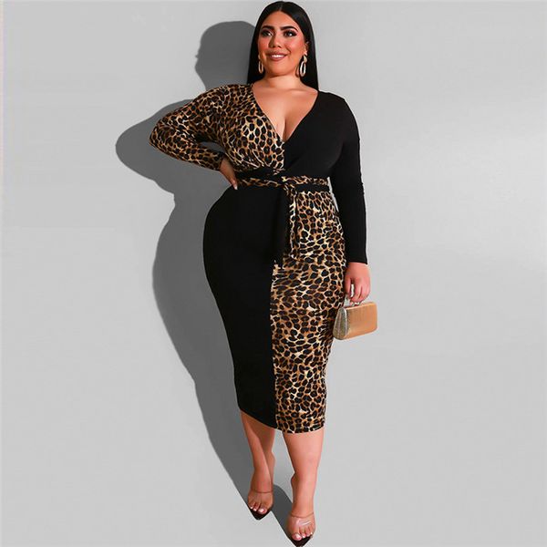 

5xl womens plus size designer maxi dresses v neck leopard print long sleeve bodycon fashion female clothing, Black;gray