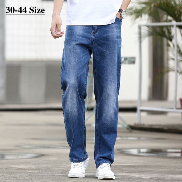 

plus size 40 42 44 classic men's jeans trousers summer thin loose straight-leg casual elasticity denim pants male brand clothes, Blue