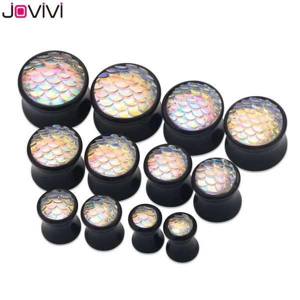 

jovivi black solid acrylic mermaid fish scale saddle ear plugs flesh tunnels single flared expander stretcher piercing jewelry, Slivery;golden
