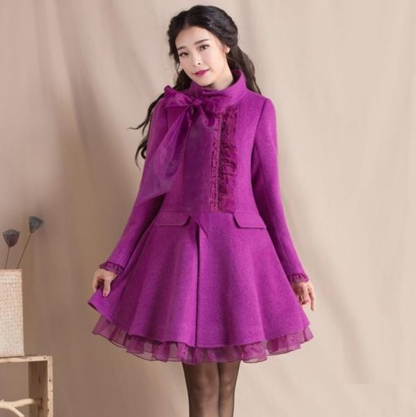 

2019 autumn winter women vintage woolen jackets overcoat plus size stand collar slim purple woolen coats outwear r1730, Black