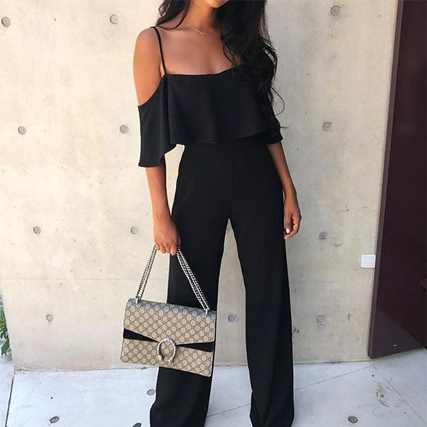 

2020 summer new ladies casual loose solid color suspenders bodysuits backless leggings trousers, Black;white