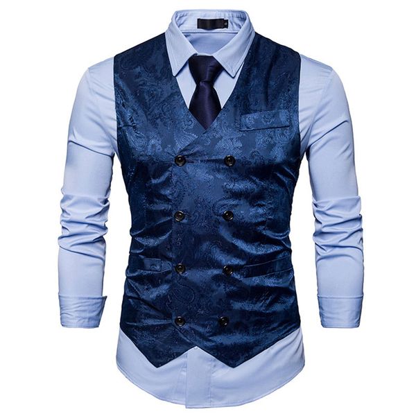 

blue paisley suit vest men 2019 brand new slim fit double breasted male waistcoat vest men groom wedding dress vests chalecos, Black;white