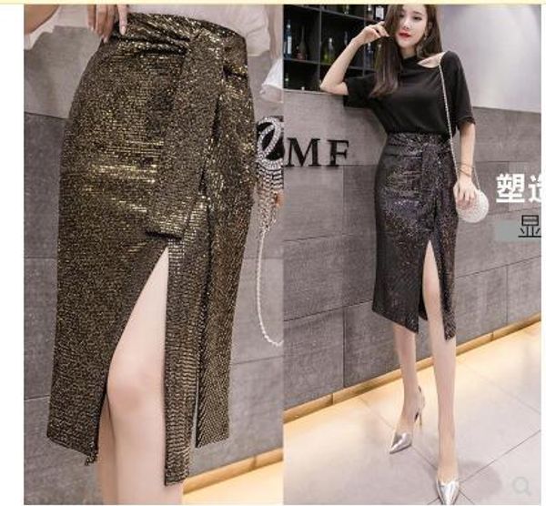 

new design women's high waist bandage lurex patchwork shinny bling party club vent jag midi long pencil skirt smlxlxxl3xl