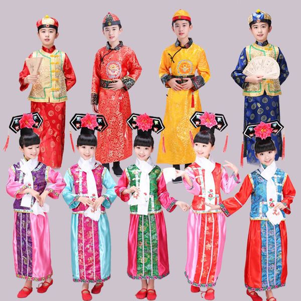 

classical hanfu qing dynasty traditional chinese style emboridery dance costume for kids princess prince retro festival outfit, Black;red