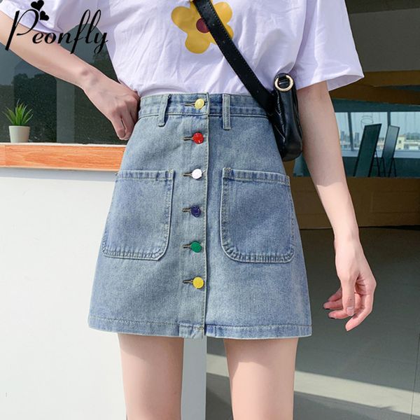 

peonfly plus size denim skirts women fashion 2020 spring summer colorful buttons casual a line high waist jeans mini skirts, Black