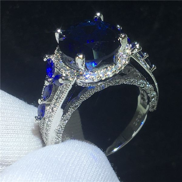 Elegante anello fiore 5ct diamante blu 925 anello in argento sterling partito anello per le donne uomini gioielli dito