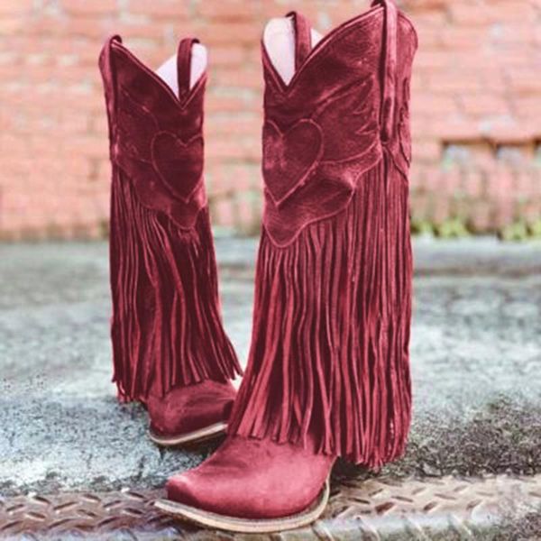 

women tassel boots pointed toe booties shoes woman low-heeled women shoes western knight boots zapatos de mujer, Black